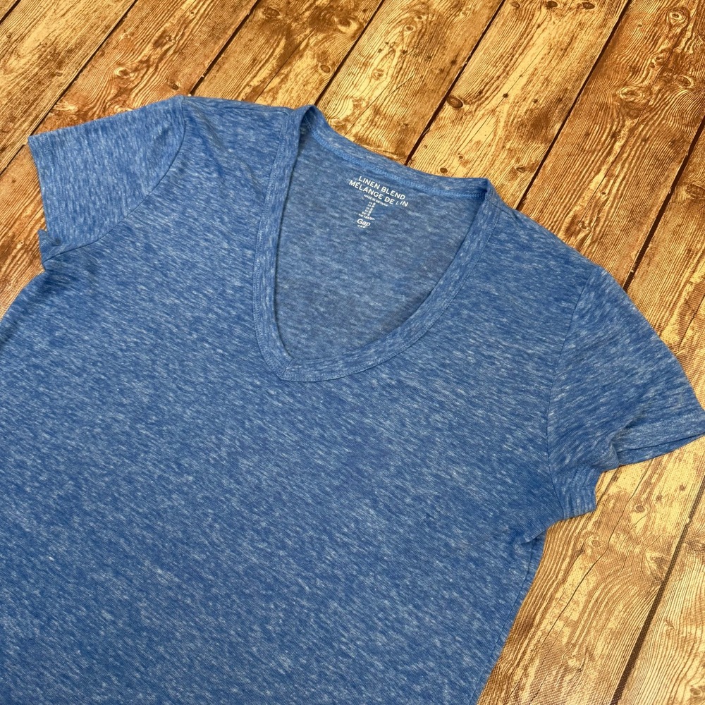 Gap Linen Blend V Neck T Shirt Womens Small Blue Heathered Lightweight